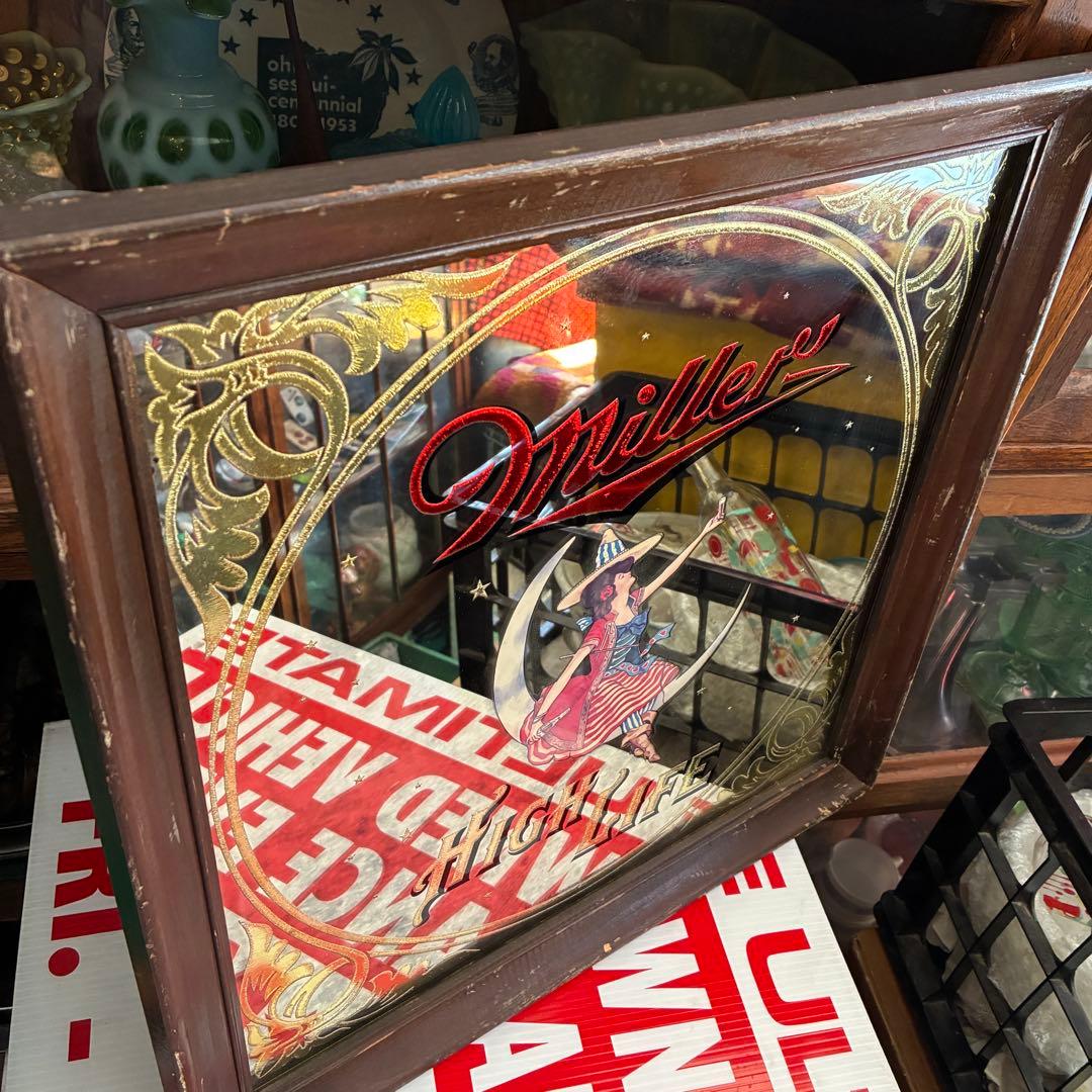 レア！70's アメリカアンティークmiller パブミラー鏡USAヴィンテージ