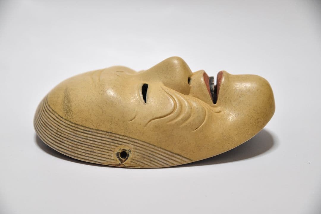 能面 姥 山本童悦作 烙印あり、能面袋、箱付き 美品 (B1)