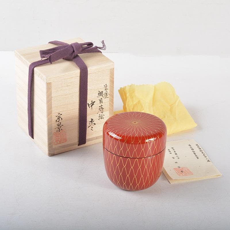 茶道具　越前塗　宮田宗景作　朱塗　網目蒔絵　中棗　共箱　V　R5430