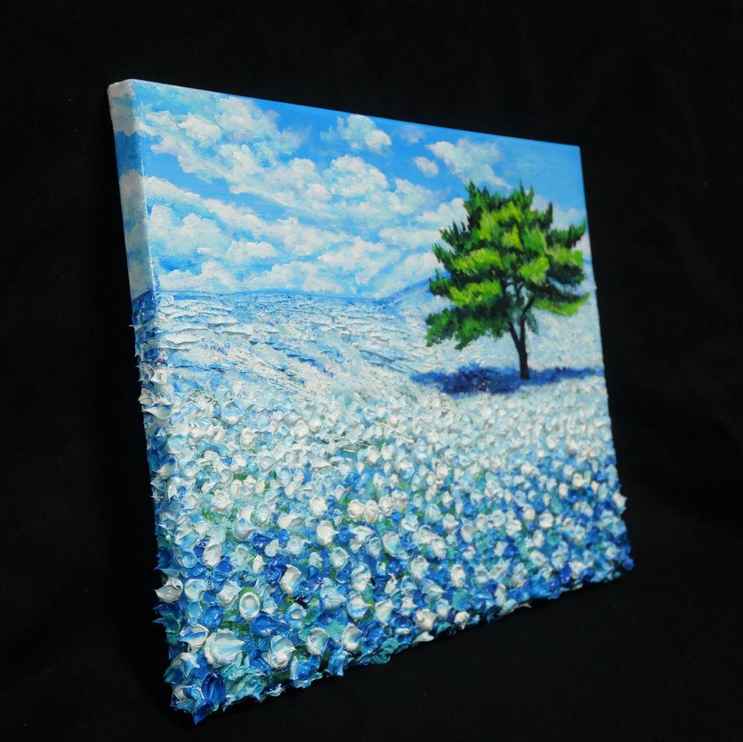 油絵 油彩 油彩画 絵 絵画 【青空のネモフィラの丘】F4号