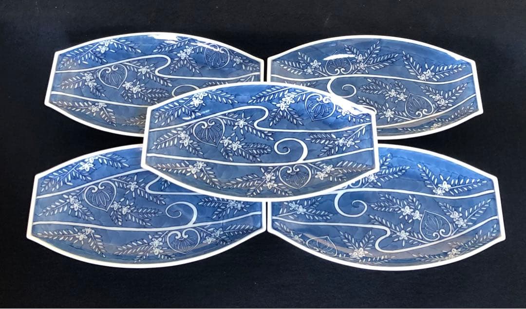 《R》有田焼 染付葵流水絵 舟形皿5客 源右衛門作 共箱　251208お4