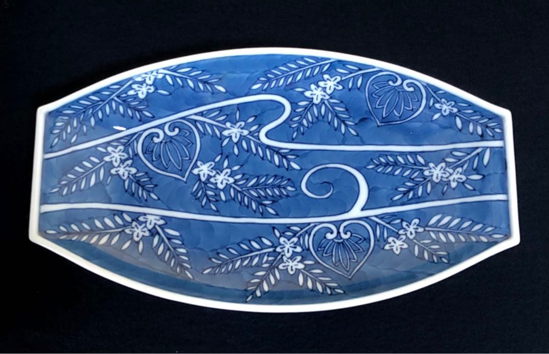 《R》有田焼 染付葵流水絵 舟形皿5客 源右衛門作 共箱　251208お4