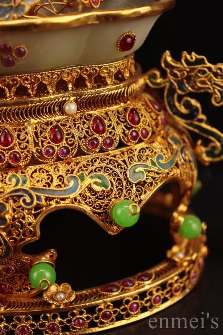 中国古美術 旧蔵清代 花絲嵌和田白玉飾件 細工 古玩 宝石装飾 文房置物 天然石