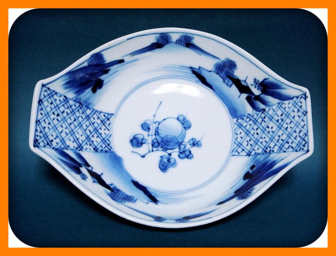 789『染付 花 山水 舟形皿』　/骨董品 古美術 古玩 アンティーク