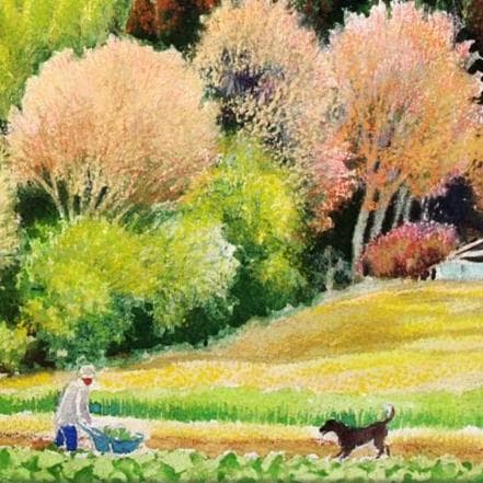 絵画「里山のくらし」　水彩画