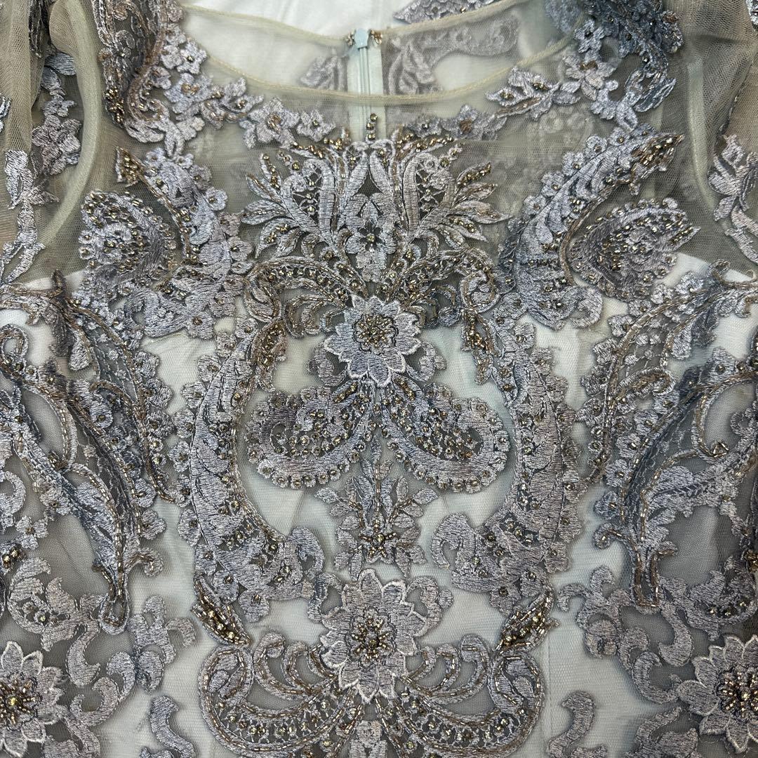 シルバー水色 刺繍入り ロングドレス フレアスリーブ