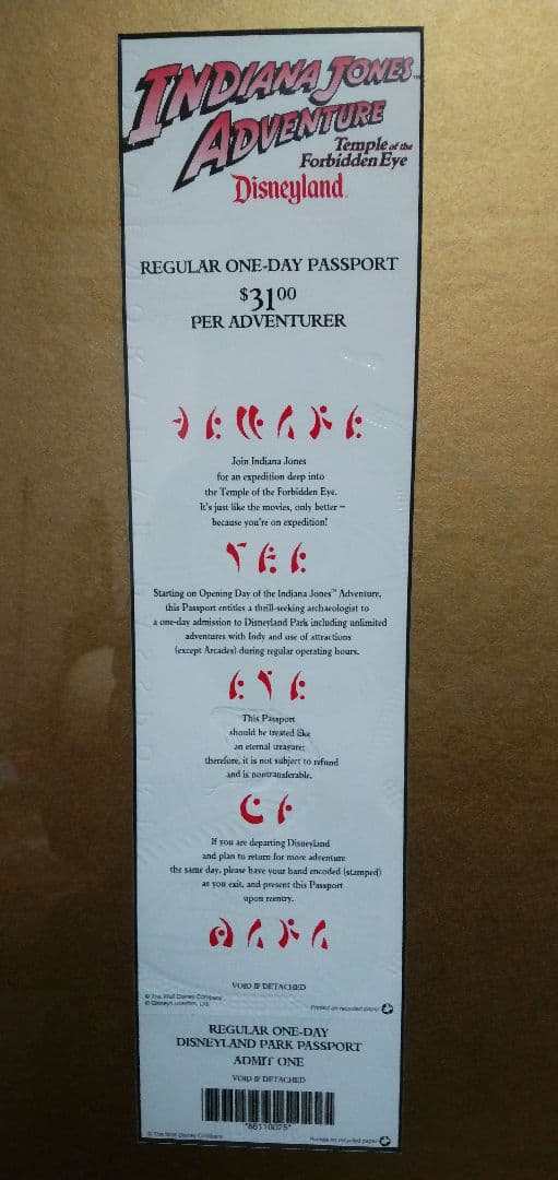 アメリカ　ディズニーランド　インディジョーンズアドベンチャーオープン記念チケット