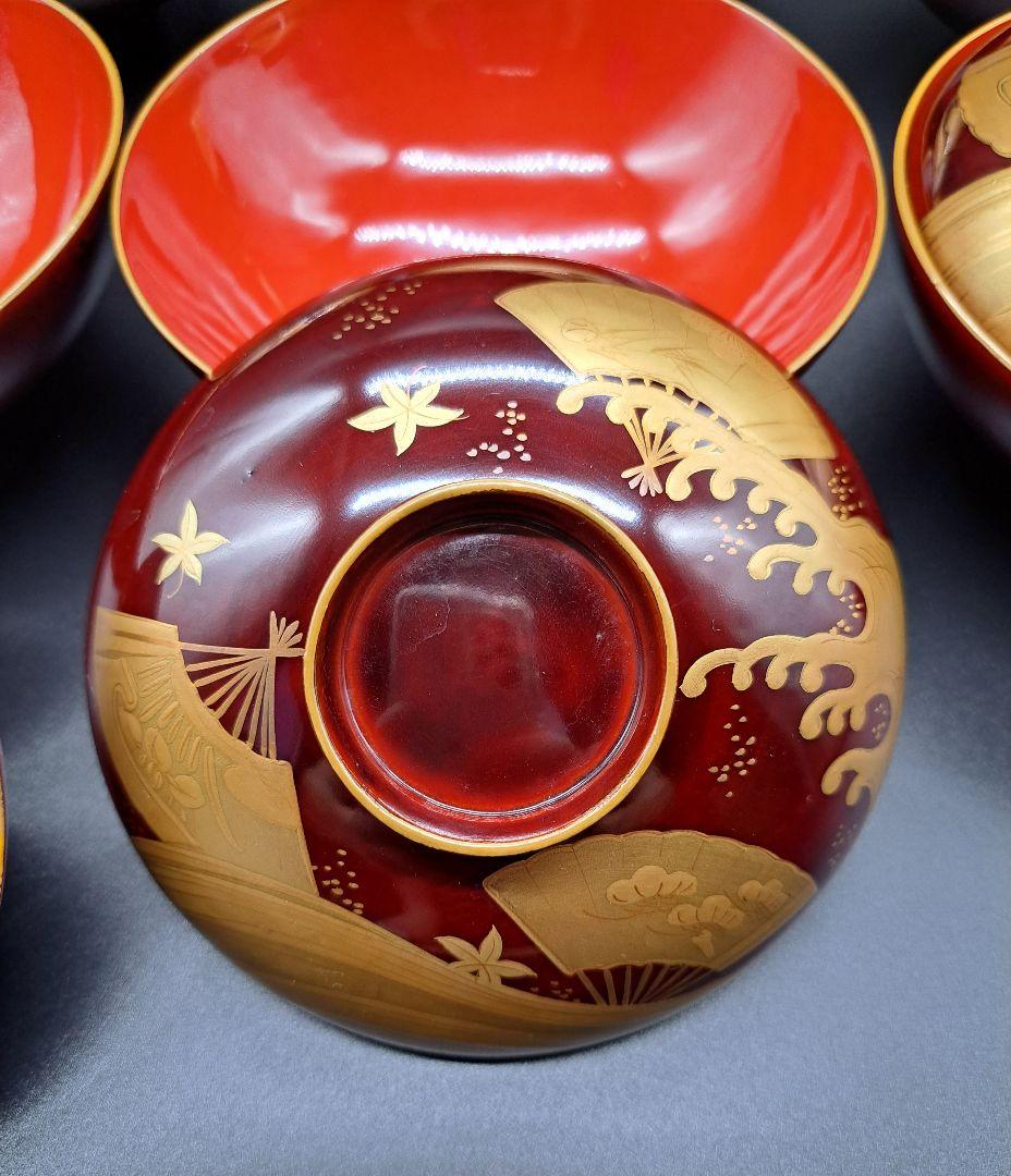 時代木製漆器　紅葉波に扇子見返し蒔絵　吸物椀　汁椀　懐石道具　6客揃　大正時代