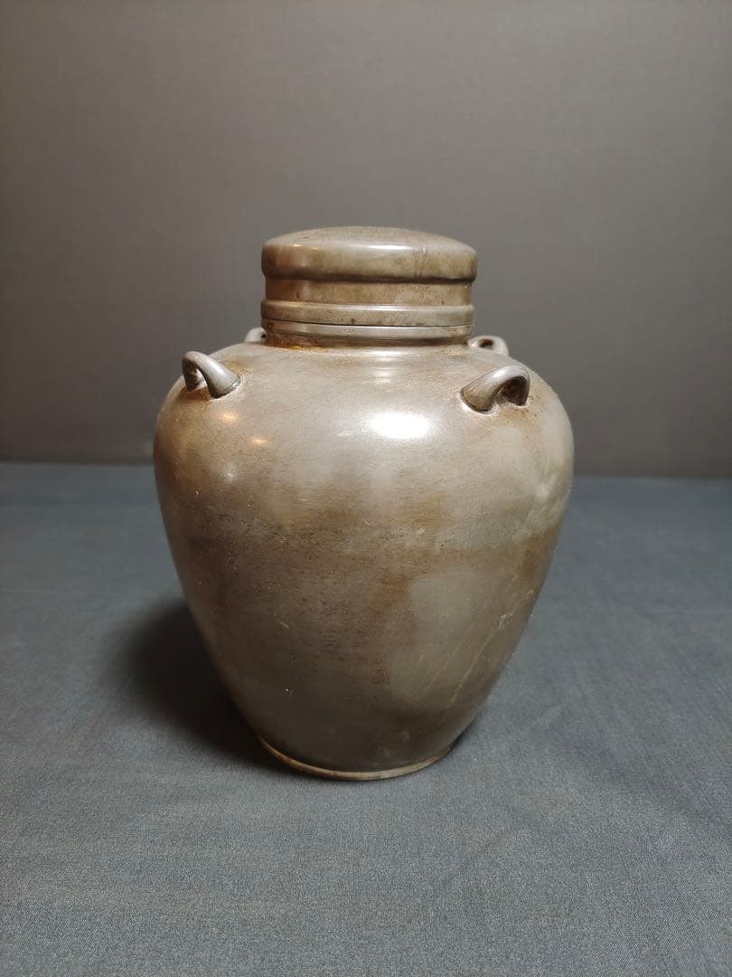 古錫 茶葉罐 藏六居造 「錫製無紋四系耳茶心壺」 茶筒 茶入 茶壷 茶道具 純錫