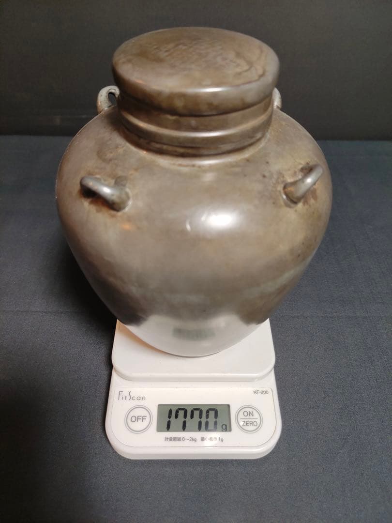 古錫 茶葉罐 藏六居造 「錫製無紋四系耳茶心壺」 茶筒 茶入 茶壷 茶道具 純錫