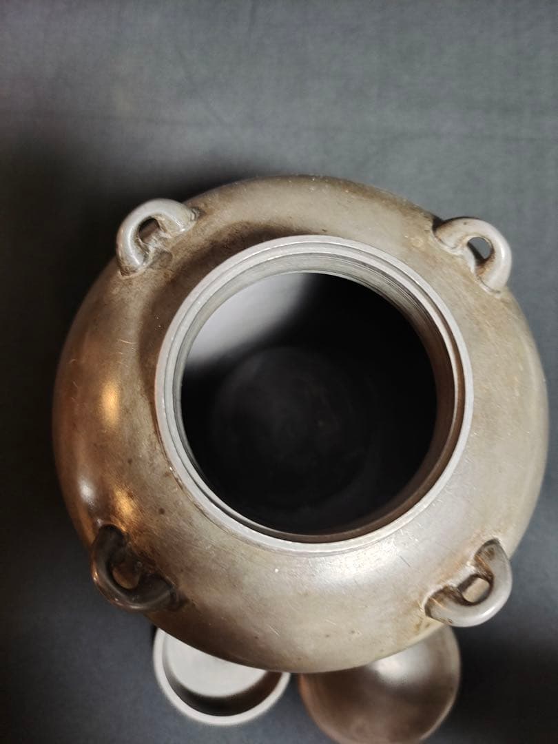 古錫 茶葉罐 藏六居造 「錫製無紋四系耳茶心壺」 茶筒 茶入 茶壷 茶道具 純錫