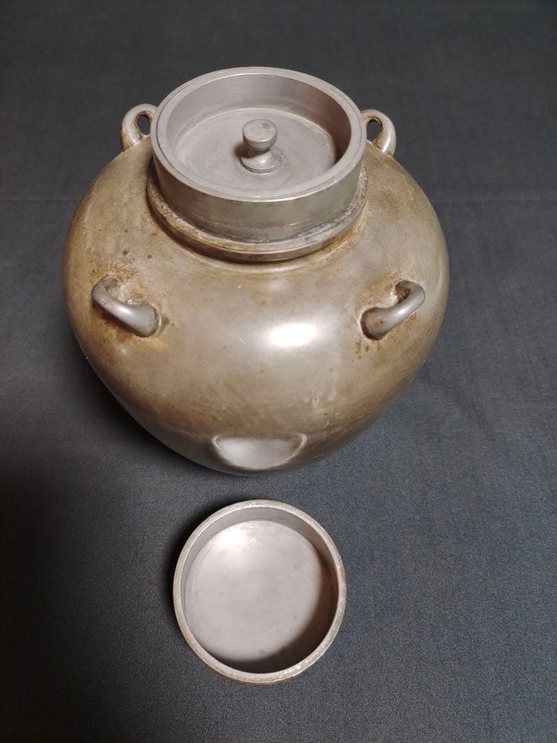 古錫 茶葉罐 藏六居造 「錫製無紋四系耳茶心壺」 茶筒 茶入 茶壷 茶道具 純錫