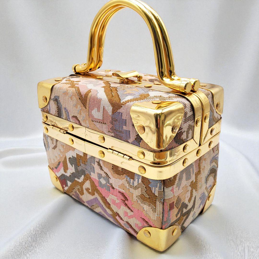 美品 ヴィンテージ調 タペストリー トランクバッグ バニティ 織物 ゴールド金具