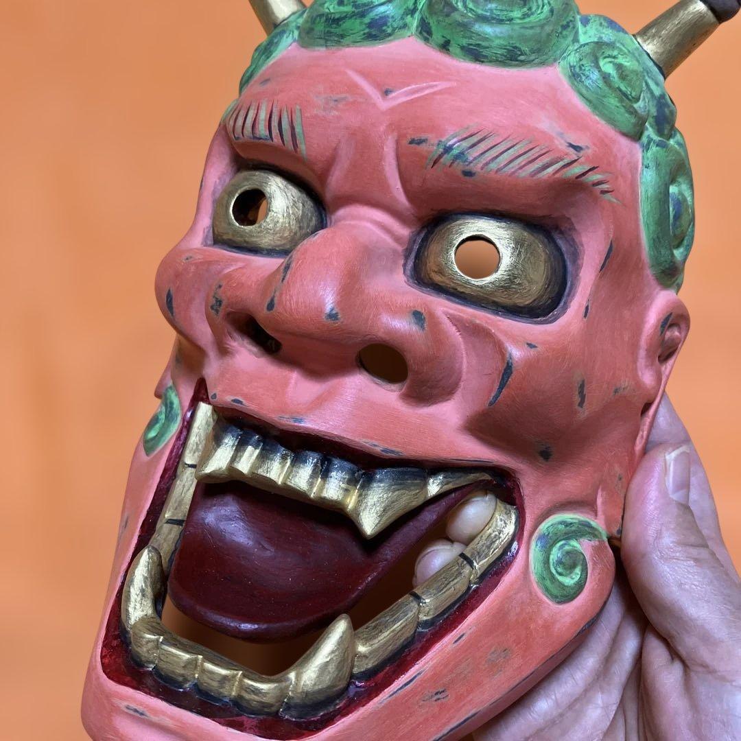 能面　雷　かみなり　木彫り　手彫り　桐箱