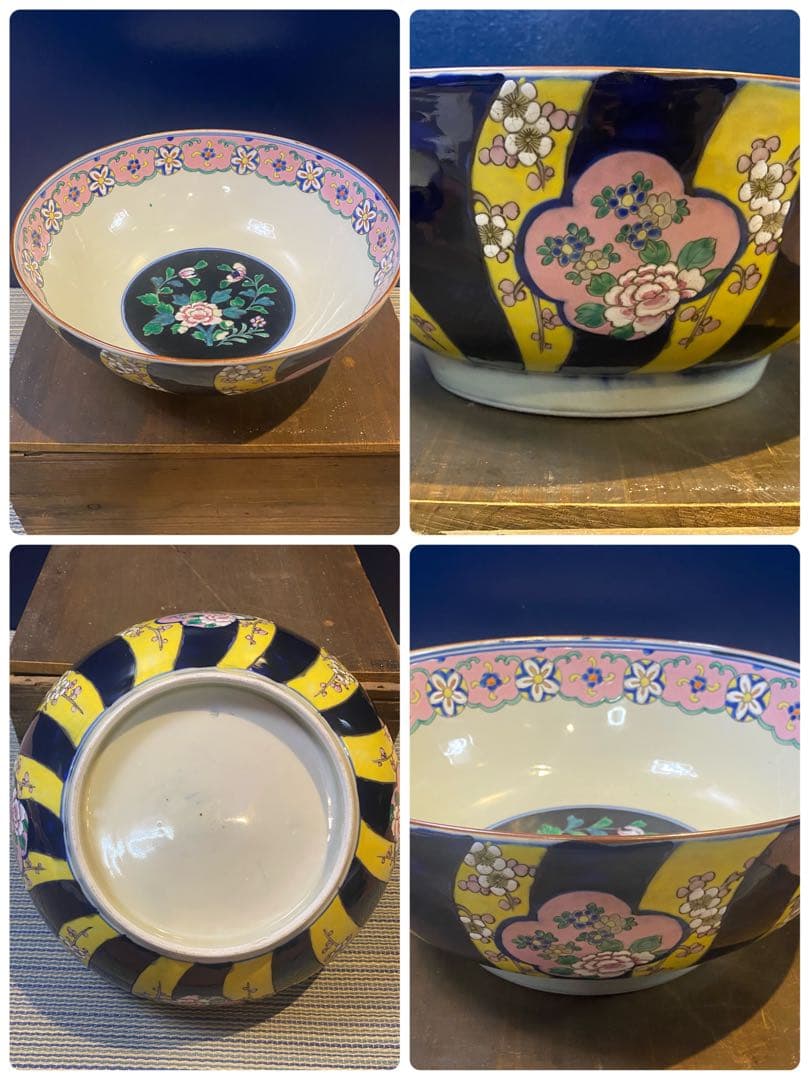 中国美術　色絵　窓絵吉祥紋　大中小　８寸・９寸・1尺　鉢　深鉢　3鉢揃い　木箱