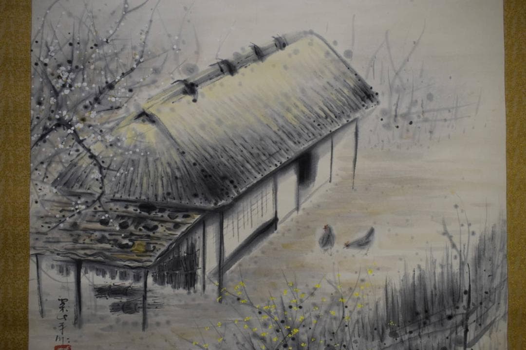 真作/日本橋三越で初の個展/田中案山子/双鶏梅図/布袋屋掛軸HG-760