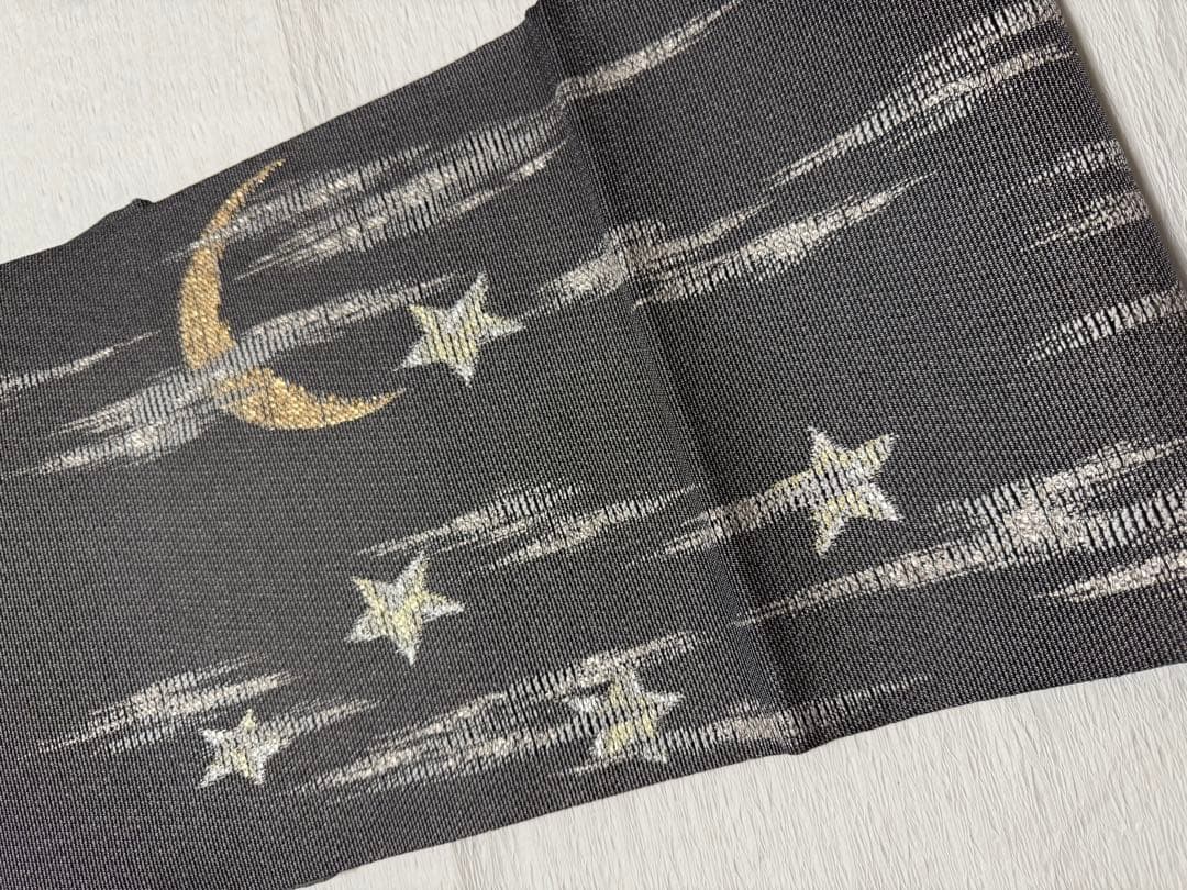 m-18 フクロウの図 月と星 刺繍 袋帯 正絹 極美品