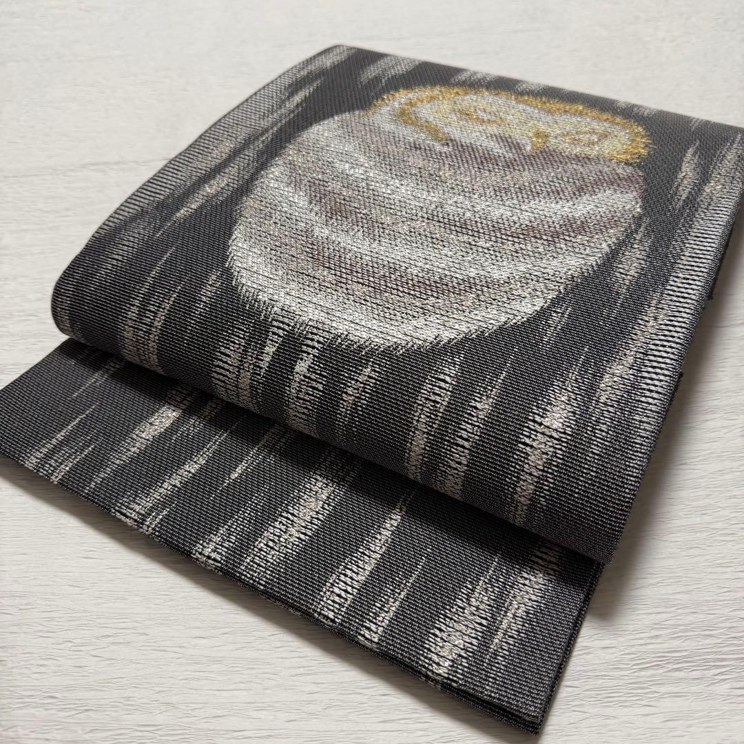 m-18 フクロウの図 月と星 刺繍 袋帯 正絹 極美品