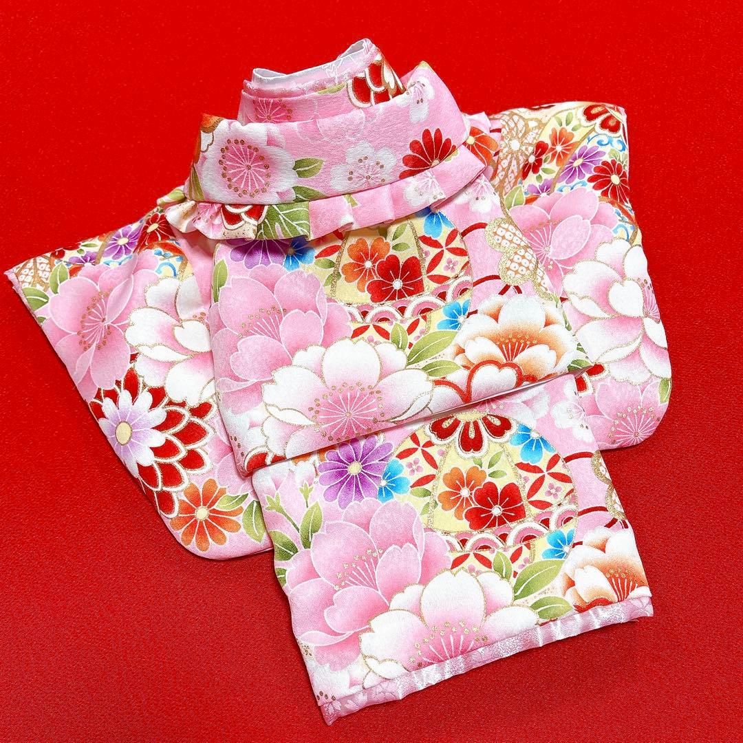 犬の着物✨犬用本格振袖&お被布セット S ピンク 化繊金彩入り