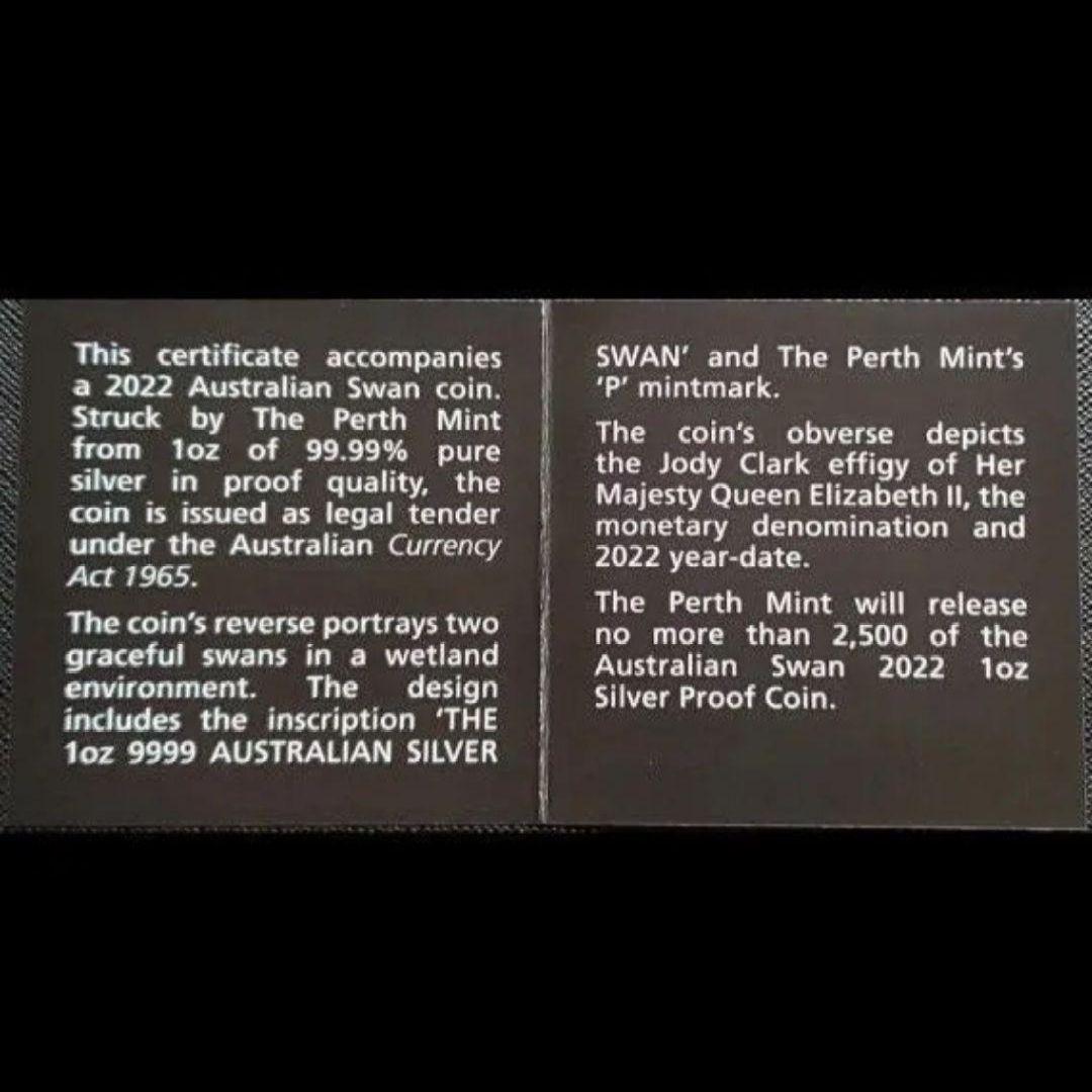 2022年 スワン 1オンス 純銀 プルーフ銀貨 パースミント 保証書＆BOX付