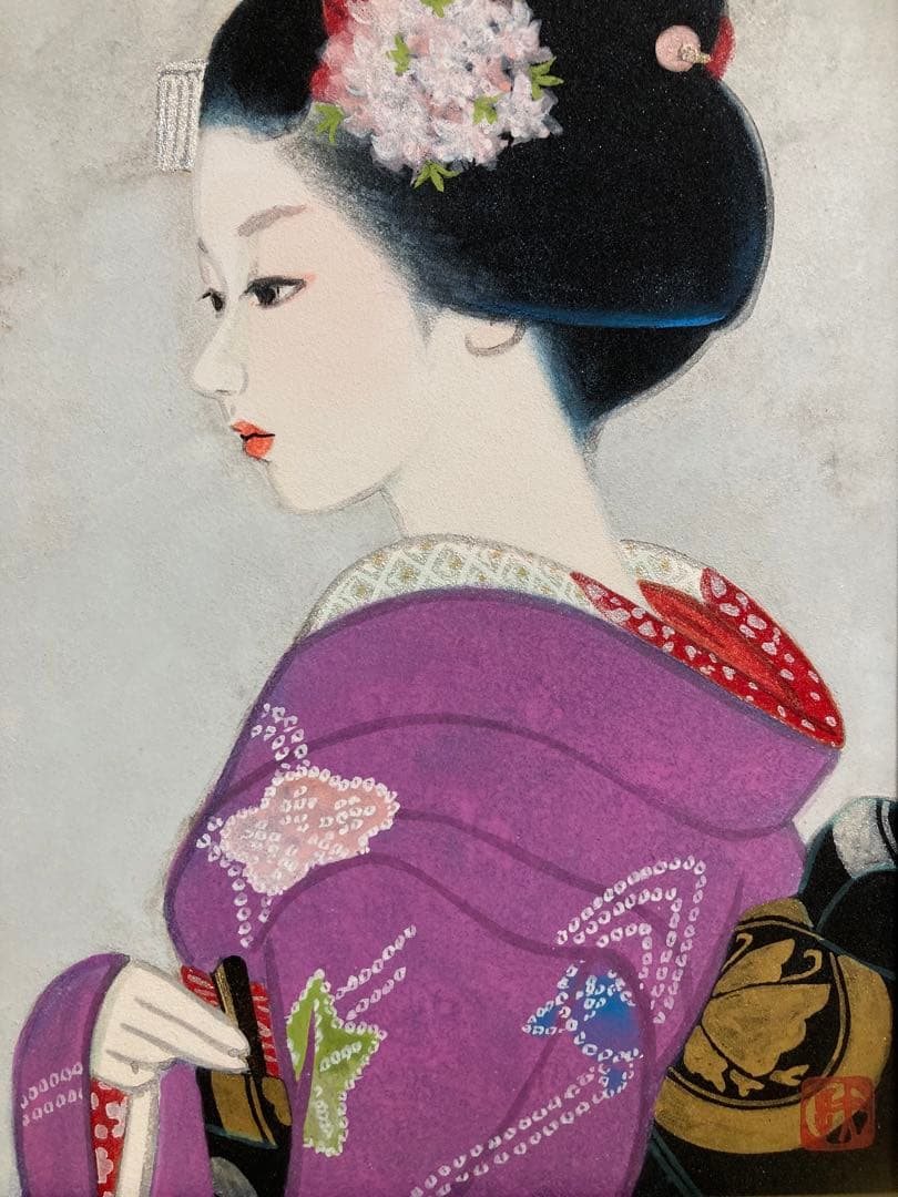 【真作保証】倉田冨美「舞妓」日本画SM号 直筆サイン 落款 共シール有り 美人画