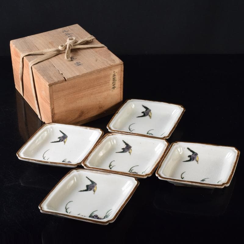 九谷焼　色絵　鳥草文　菱形中皿　五客　時代箱付　M　R8296