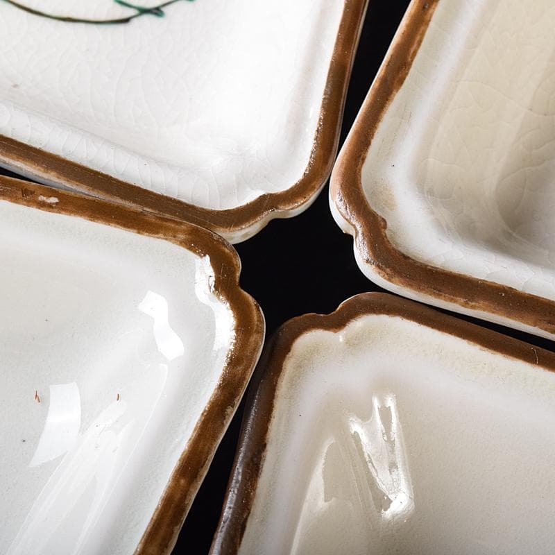 九谷焼　色絵　鳥草文　菱形中皿　五客　時代箱付　M　R8296