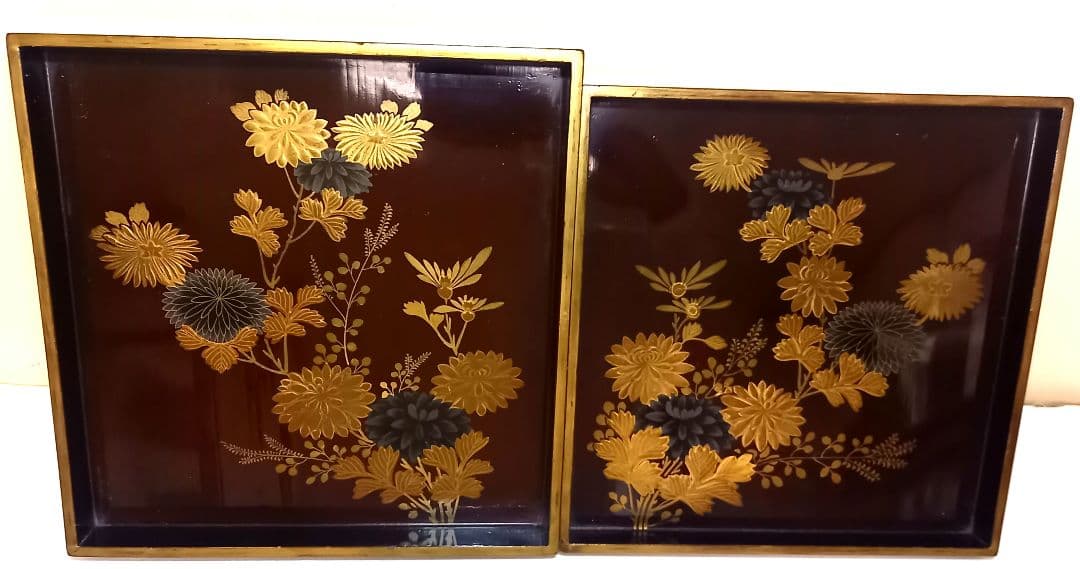 【週末特別値下げ】【時代物:文政】金蒔絵 草花文 角盆 2枚揃 共箱付　封書付