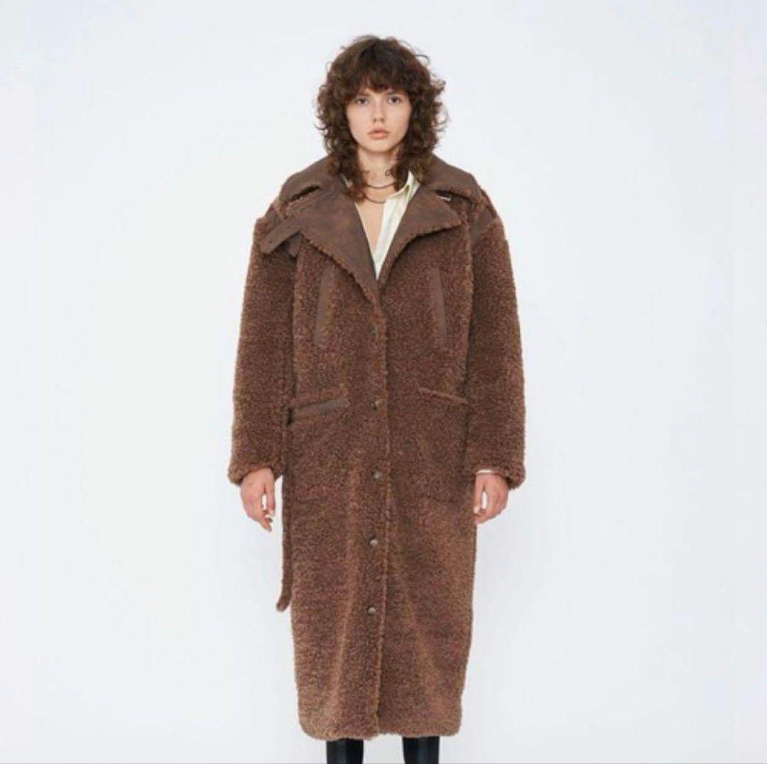 定価5万円　VIAVANDA　ブラウン フリース ロングコート ウエストベルト付