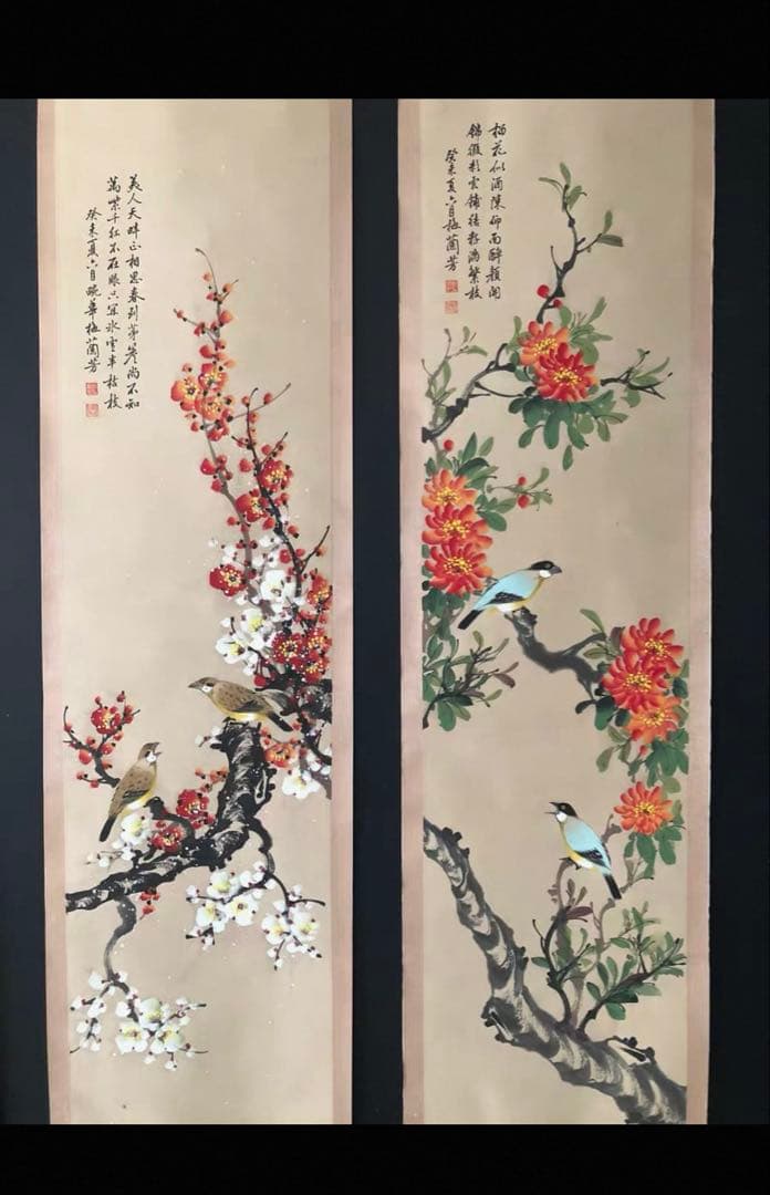 梅蘭芳 花鳥図 四条屏 手描き 掛軸 山水画　中国画 四幅セット 和室飾り