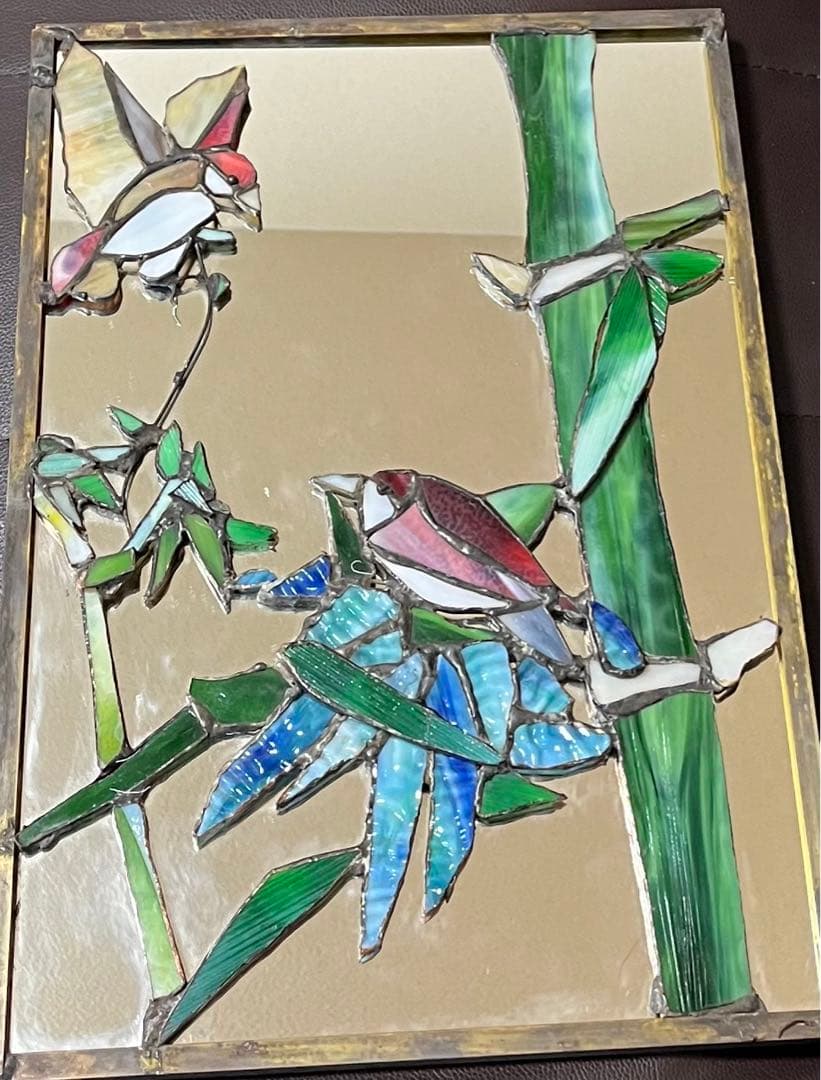 ハンダステンドグラス工芸『竹と雀』鏡