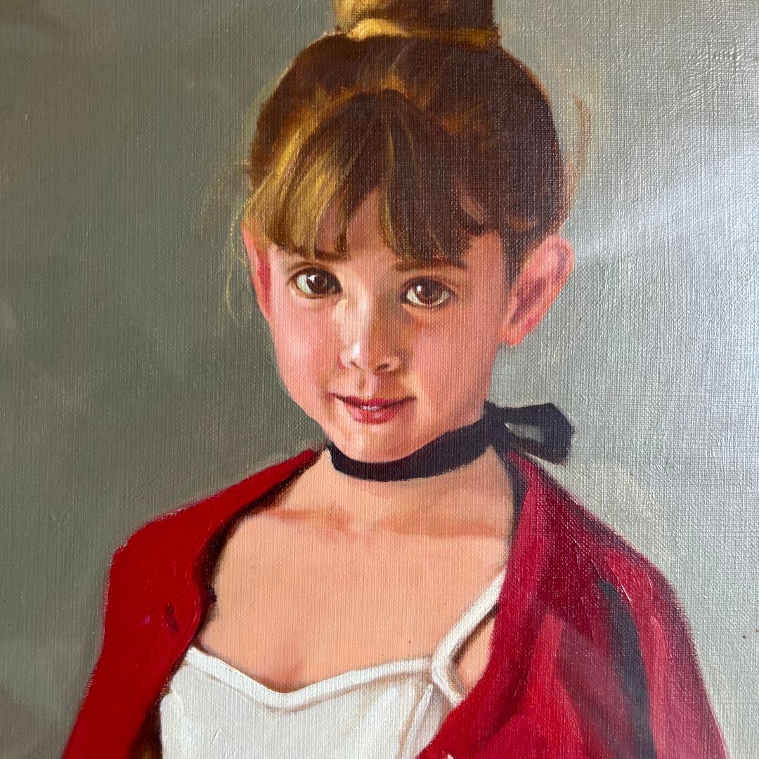 絵画　油彩画　少女　山岸正巳　「赤いカーデガン」