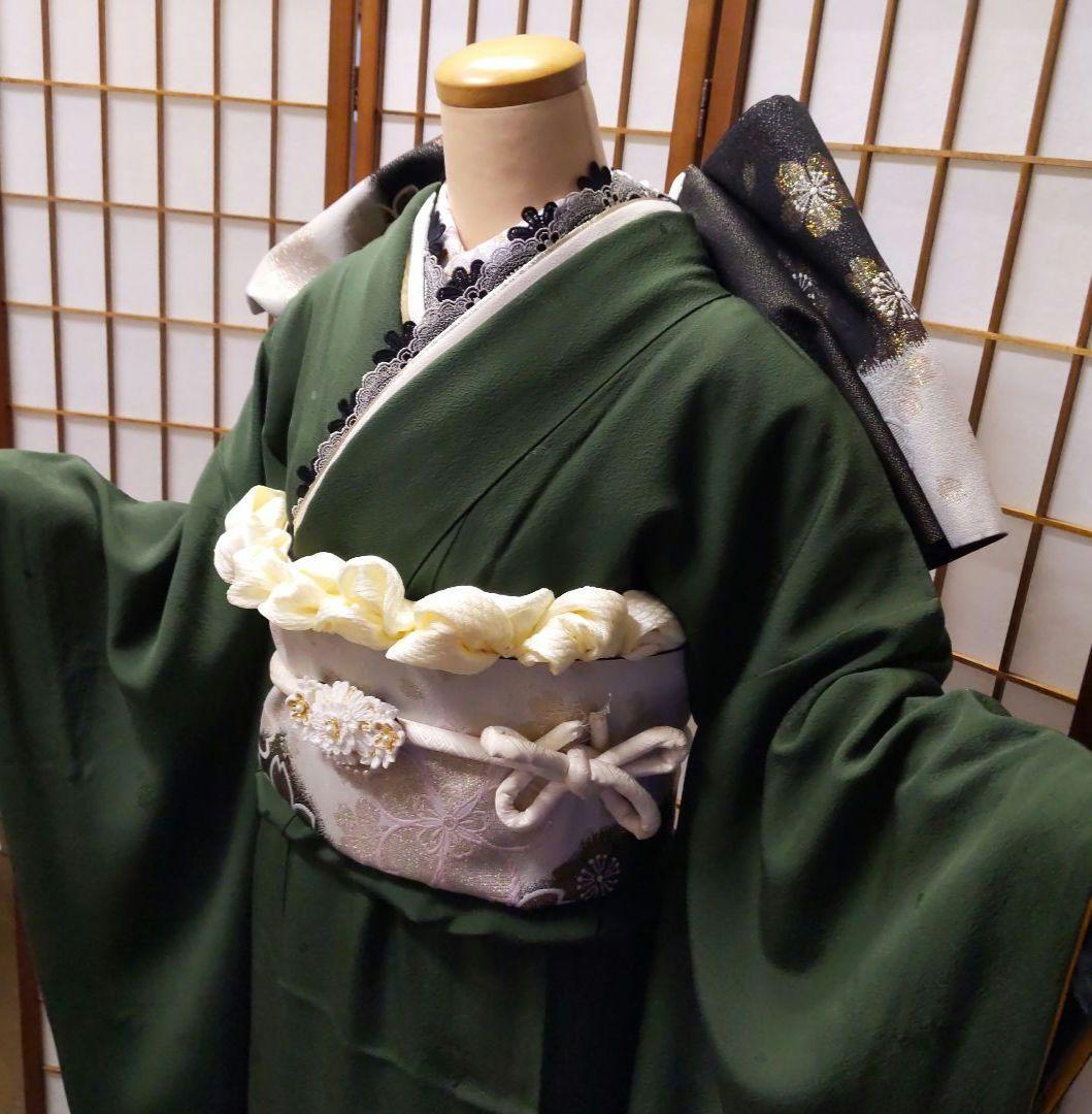 454【最終価格】無地モスグリーン【山本寛斎正絹振袖8点フルセット】成人式卒業式
