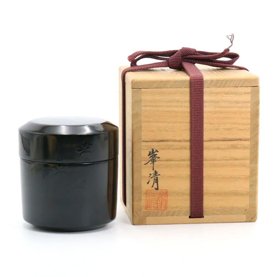 峯清作 桜文黒雪吹 棗 薄茶器 茶道具 共箱　C812　N1