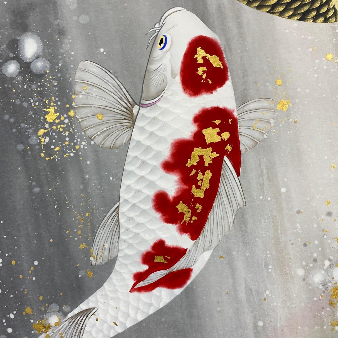 美品 掛け軸 広森雄仁作 夫婦鯉の滝登り図 共箱 太巻き付 縁起物 美術年鑑掲載