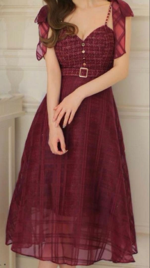 群*青様 ローブドフルール ツイード チェーンストラップ ミディドレス