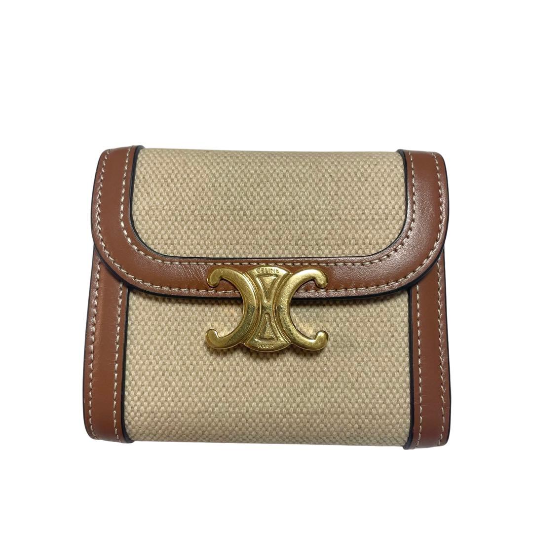 美品　セリーヌ　三つ折り財布　トリオンフ　キャンバスレザー　テキスタイル