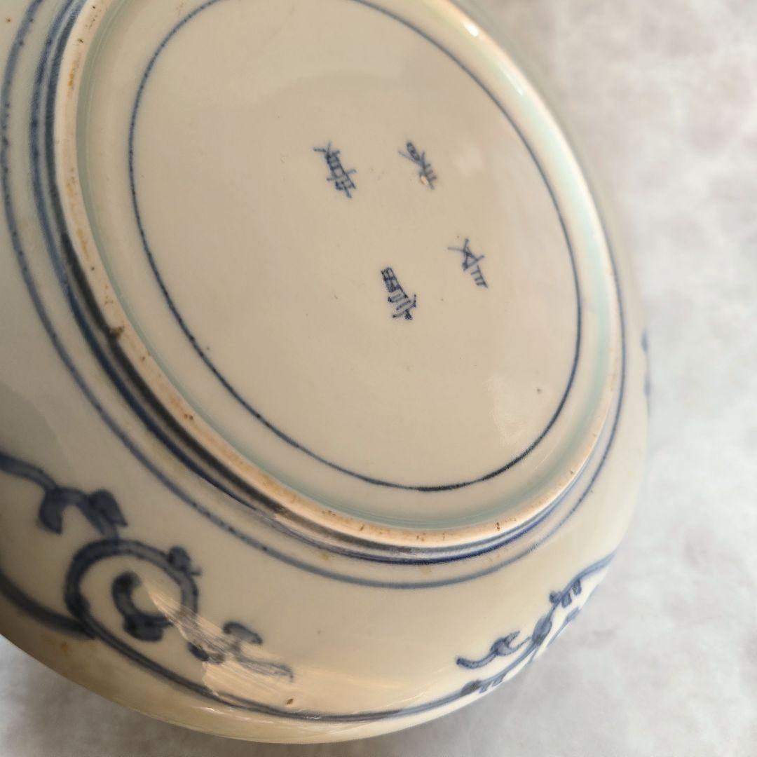 古伊万里　染付　六寸皿　江戸時代　花唐草　金直し　金継ぎ　骨董　アンティーク
