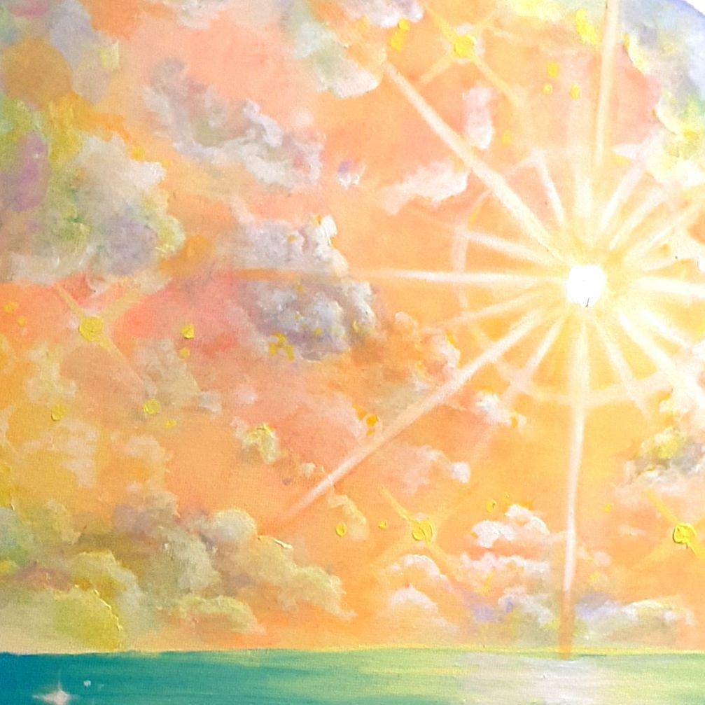 《優しく光る》油絵 油彩画 海 風景画 直径 40cm