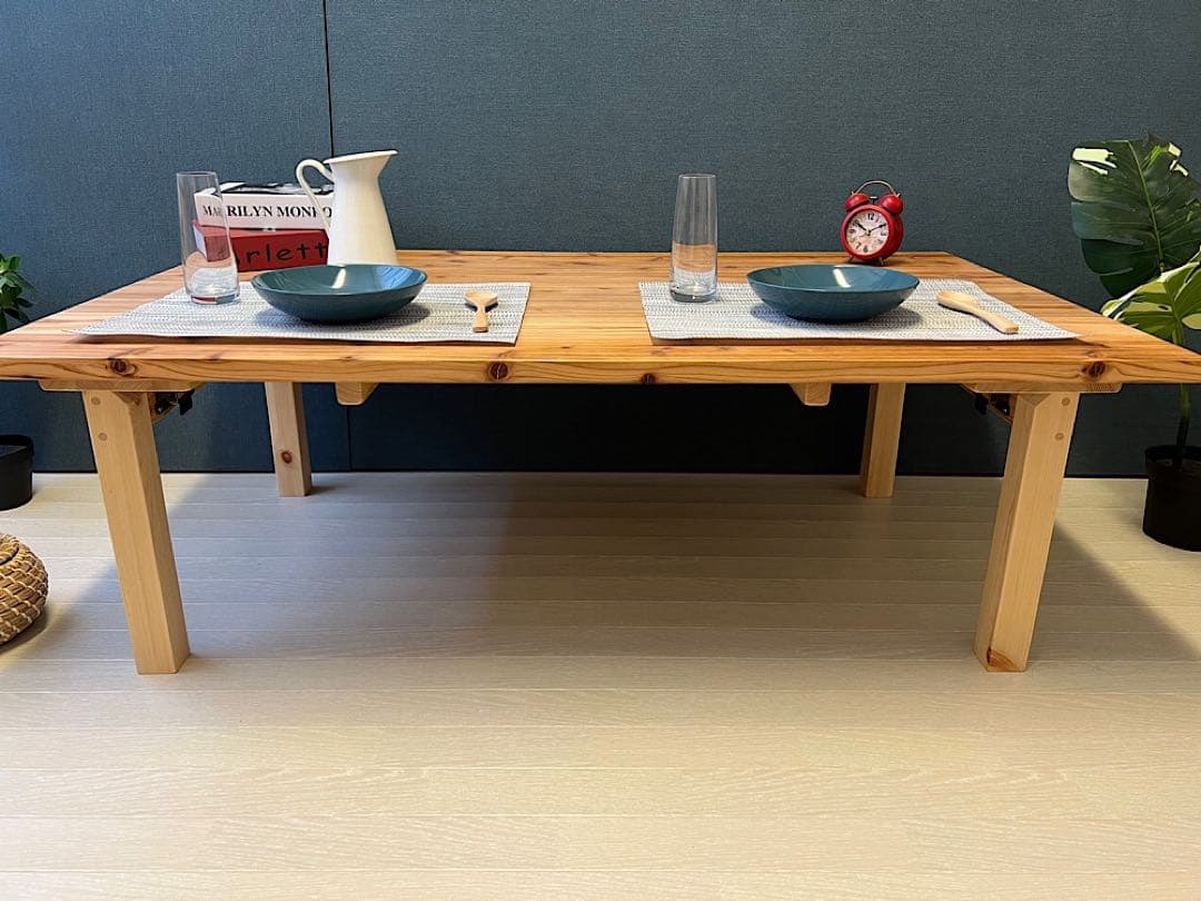 【オーダー】 ローテーブル 長方形 140cm 80cm 杉 折畳み脚 木組 角