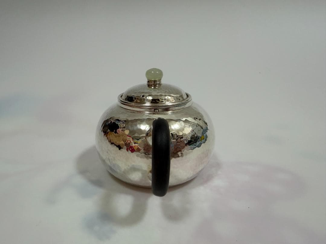 純銀製 丸形 鎚目 玉石摘 急須 銀瓶 煎茶道具