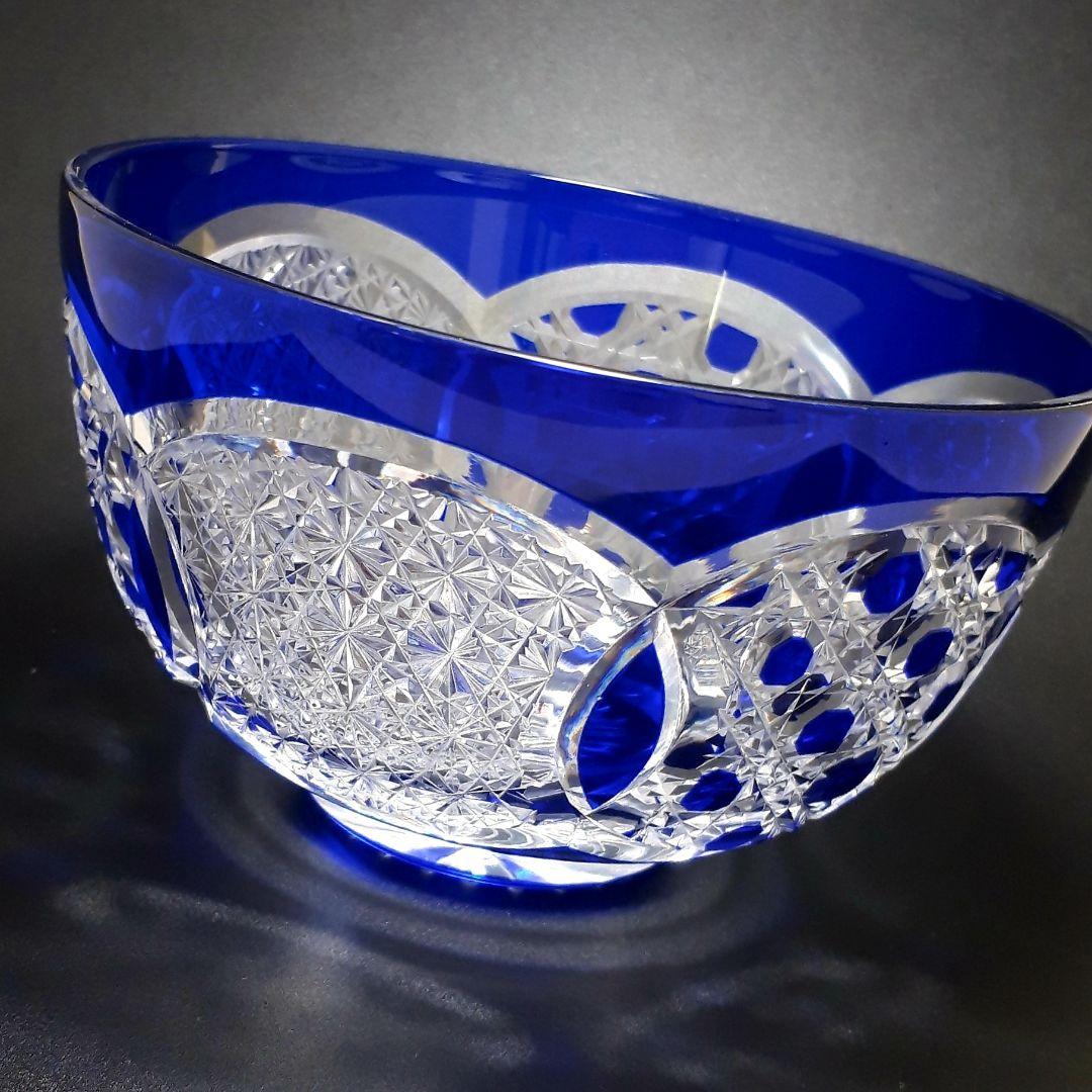 江戸切子　瑠璃色被せガラス　切子鉢　　　伝統工芸士 大友精三 作【美品 未使用】