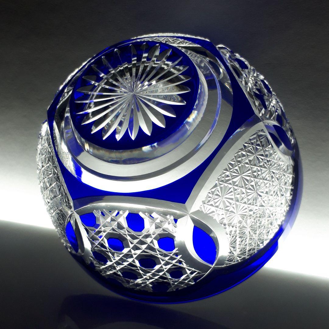 江戸切子　瑠璃色被せガラス　切子鉢　　　伝統工芸士 大友精三 作【美品 未使用】