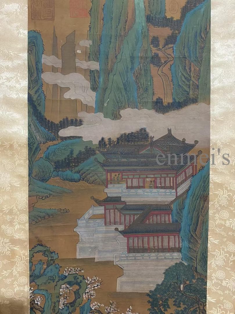 中国古美術 宋代王希孟款 山水図 掛軸 絹本 肉筆 唐物 古画 書道 名家書画