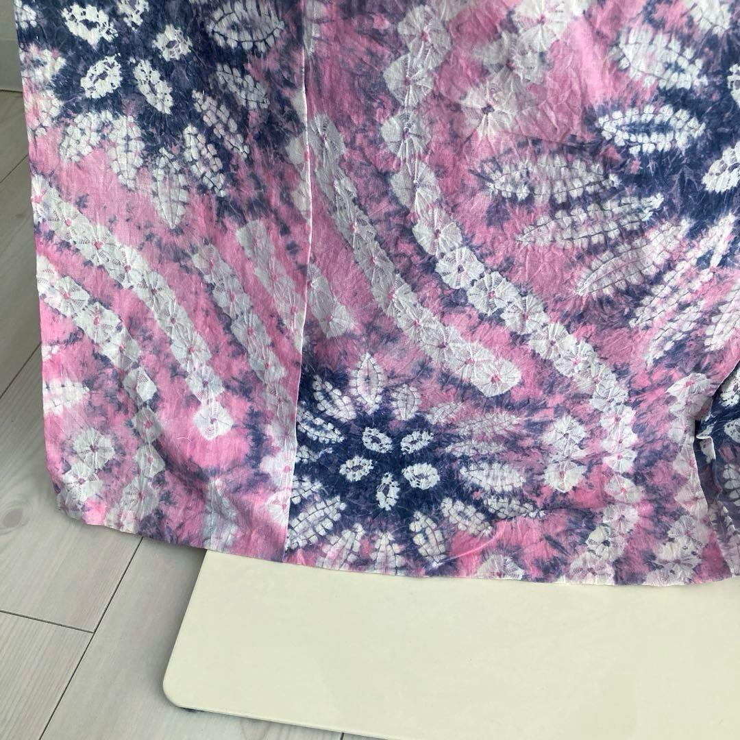 有松絞り浴衣　絞り浴衣　蜘蛛絞り　淡いピンク花模様　手縫　絞り浴衣　No.2-4