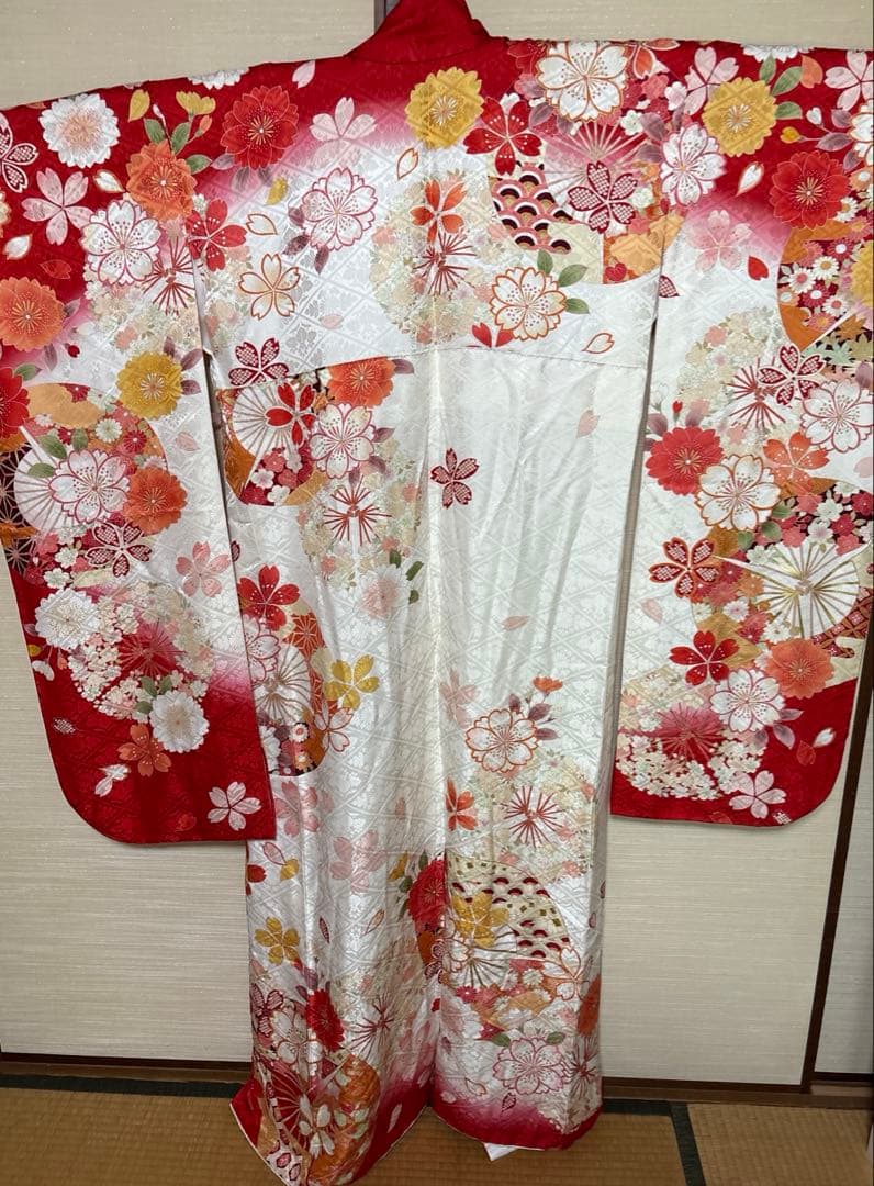 赤×白 華 扇子 振袖 身丈160