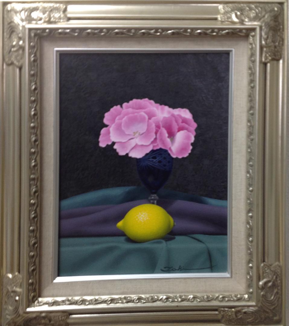 肉筆油絵 静物画 パンジーとレモン