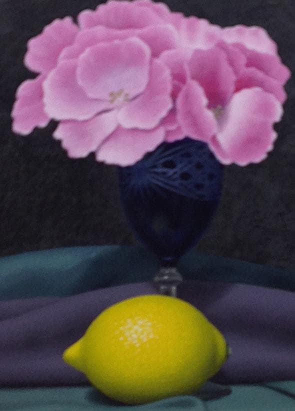 肉筆油絵 静物画 パンジーとレモン