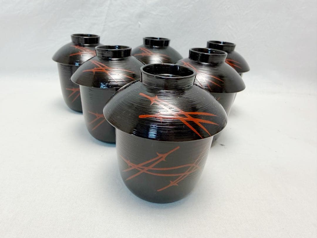 未使用 懐石道具 黒塗 松葉蒔絵 箸洗 六客揃 小吸物椀 和食器 汁椀 蓋付椀