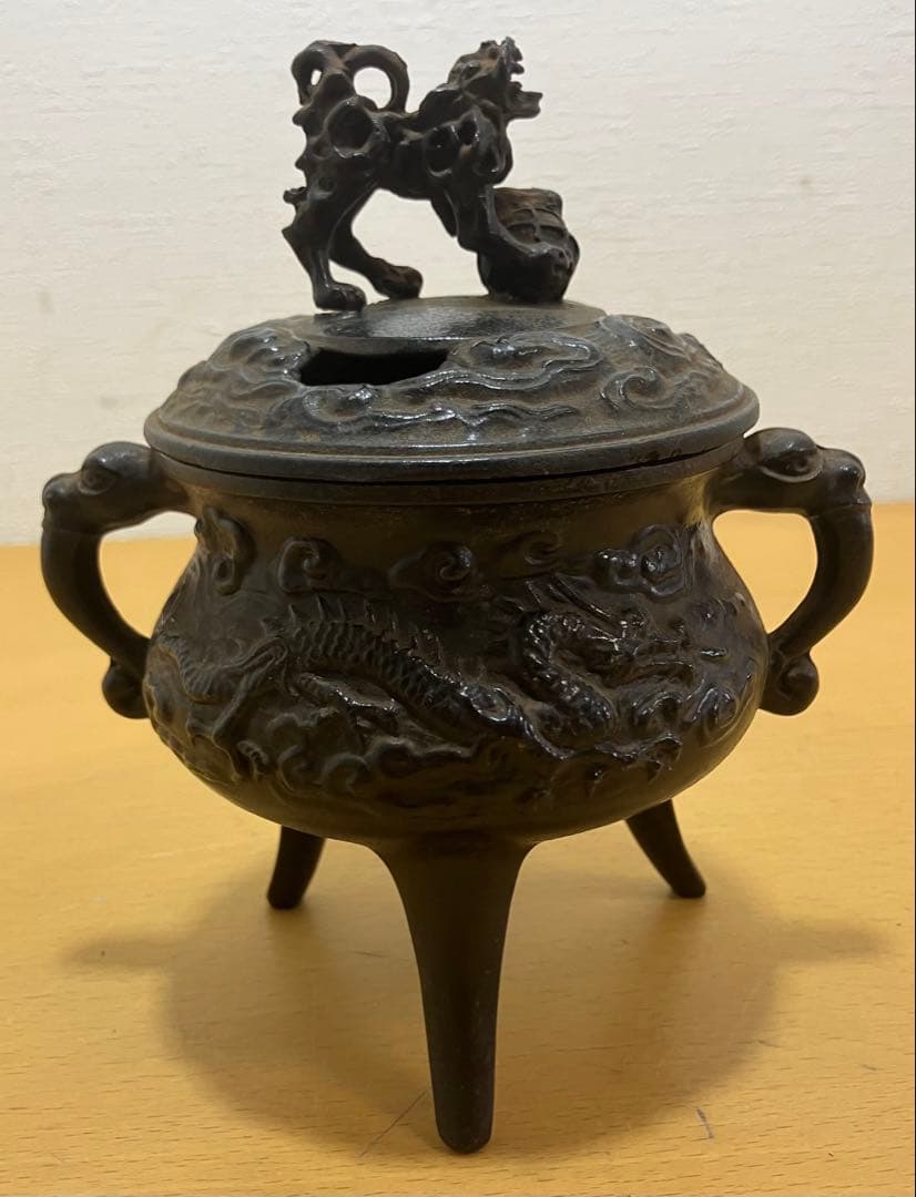 【香炉】三脚獅子摘龍紋獣　耳香炉　香爐　香道具　 古道具